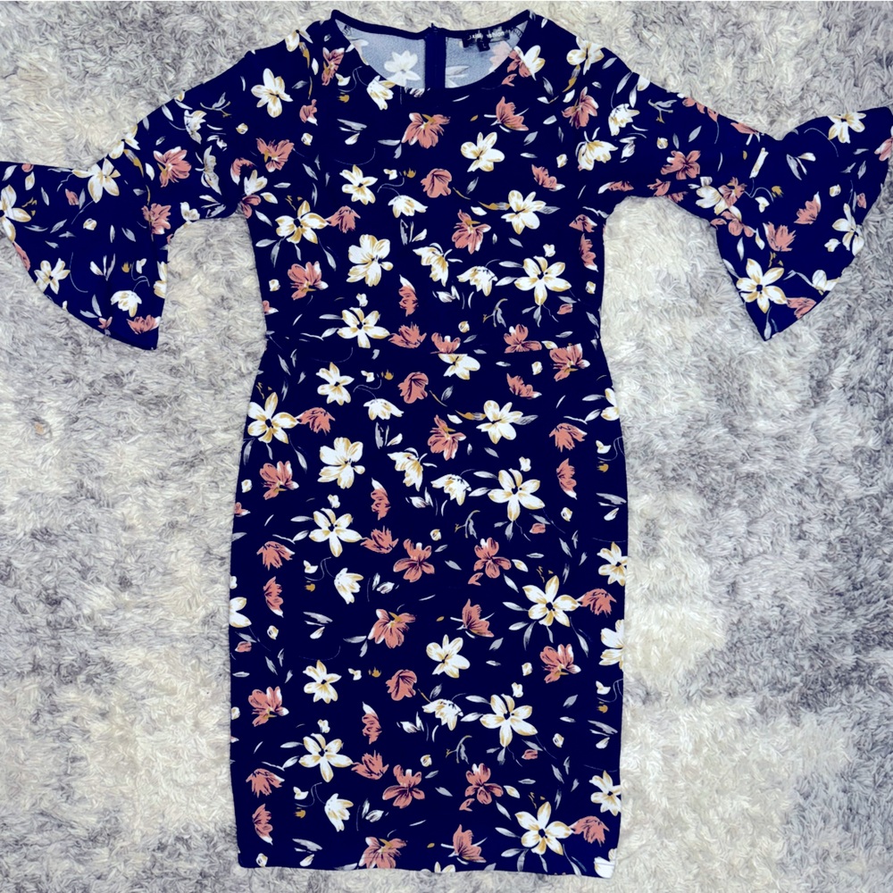 Navy blue flowery knee length dress